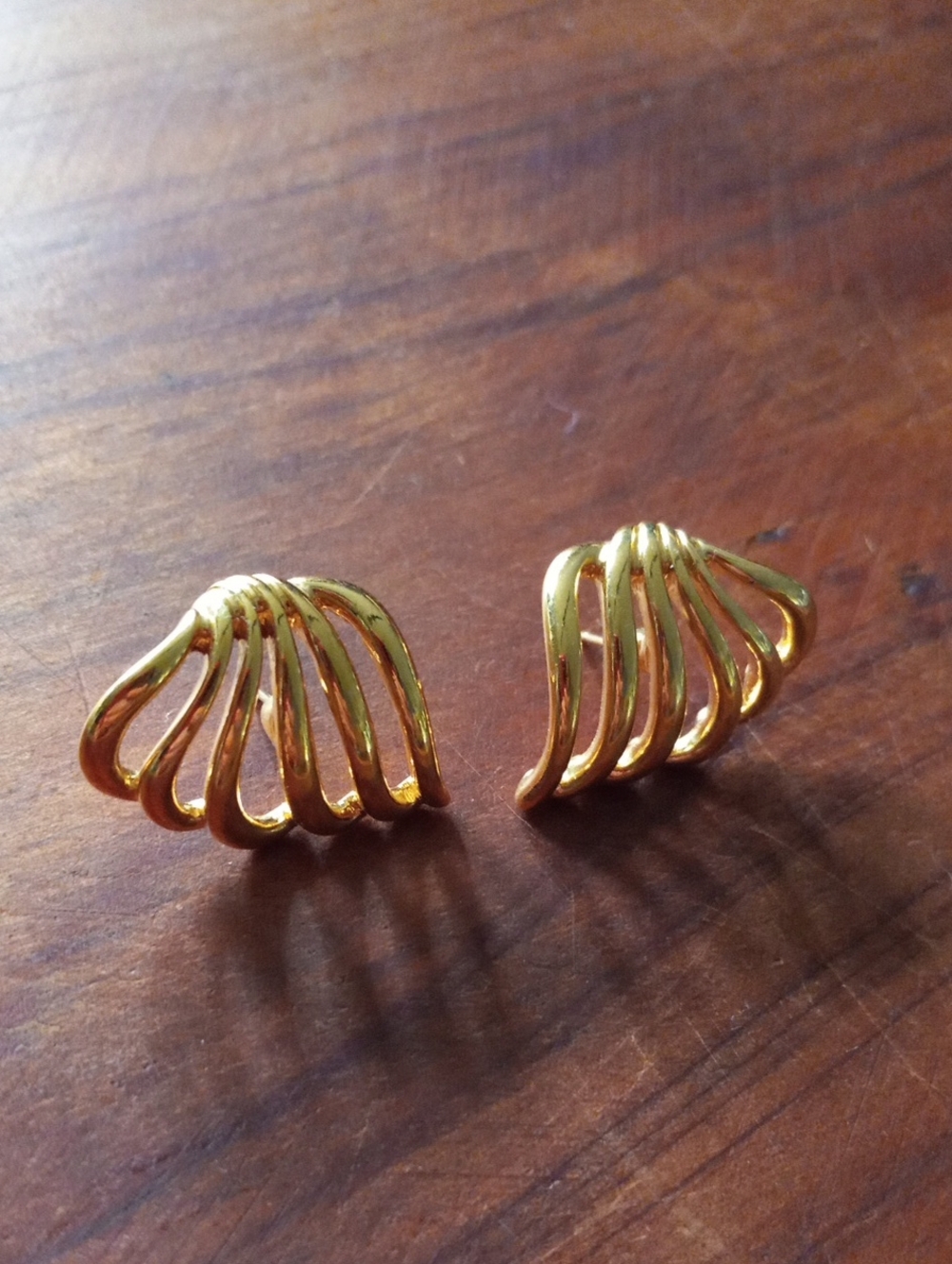 Vintage Monet Gold Tone Sculptural Wavy Ribbed Stud Earrings